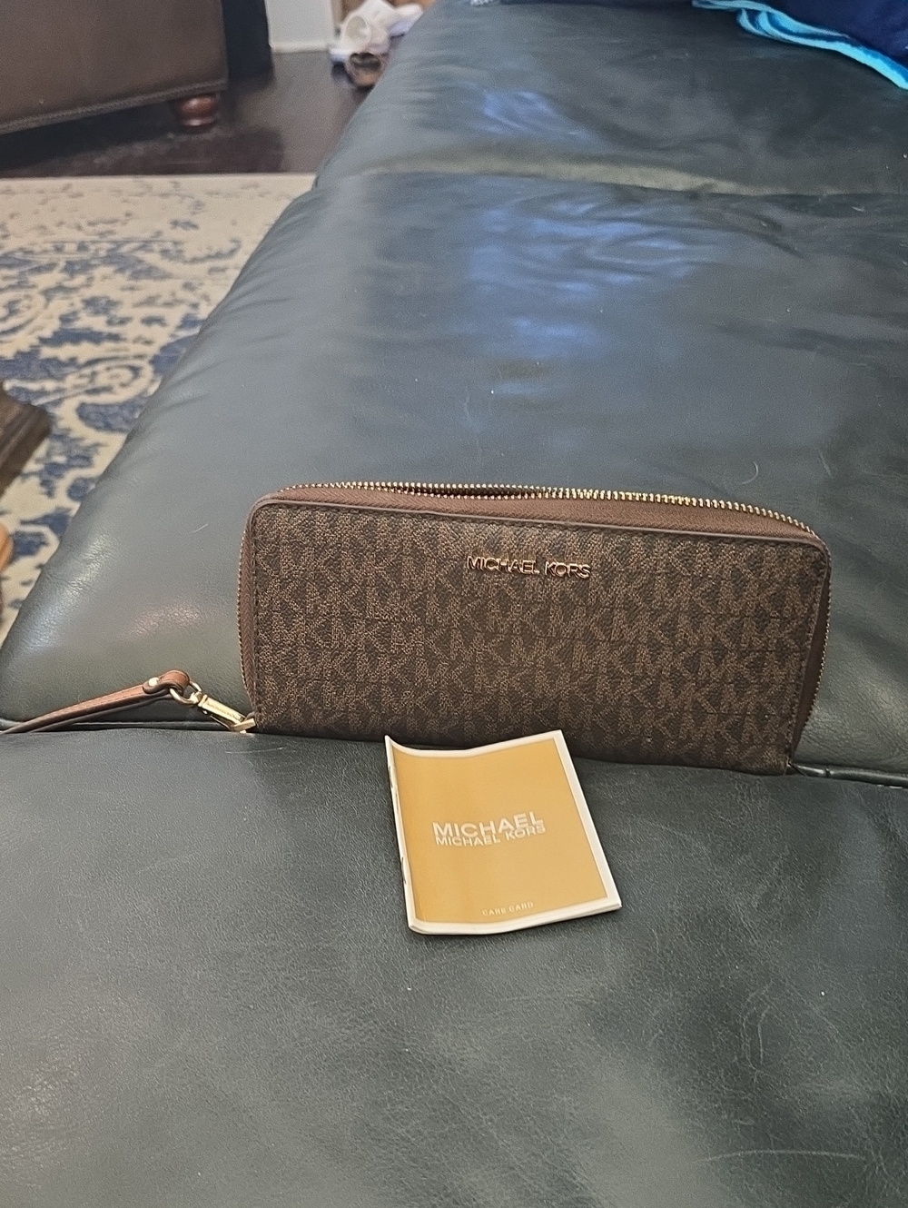 Michael Kors Brown Monogram Zip-Around Wristlet Wallet with Gold Hardware